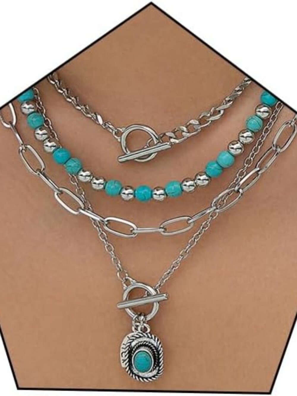 Silver Boho Turquoise Layered Necklace